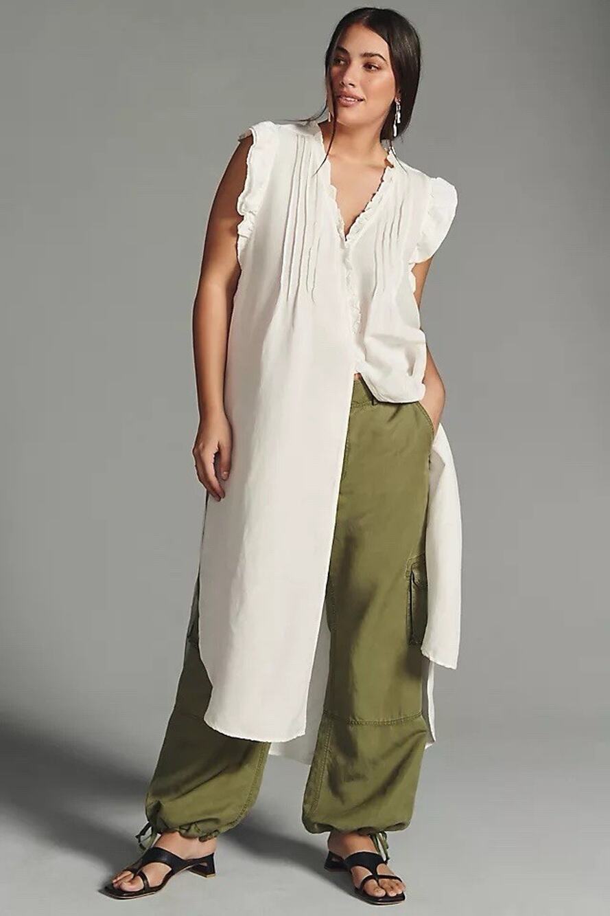 Anthropologie Women’s Medium White Linen Blend Ruffle Sleeveless Long Tunic Top